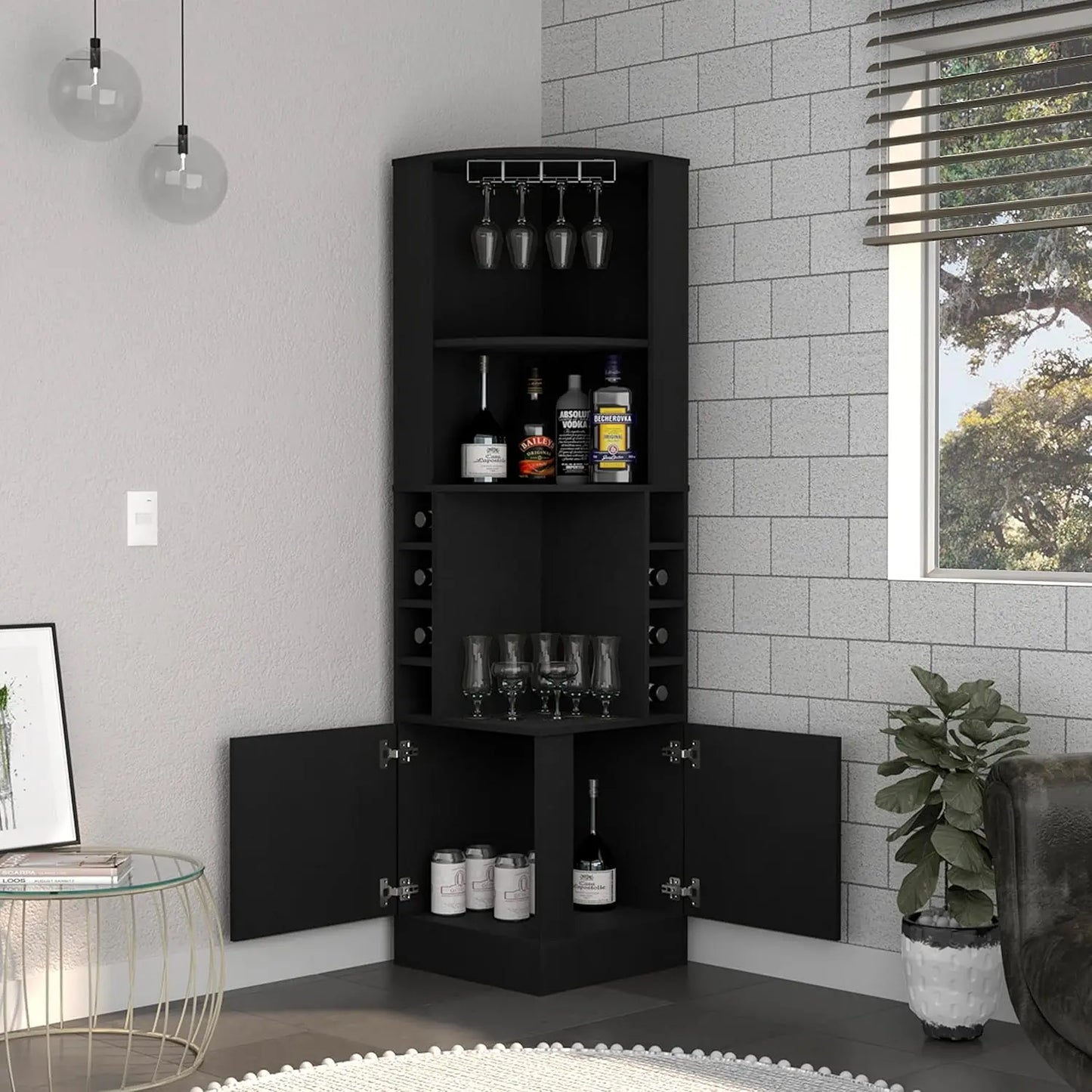Corner Bar Cabinet with Glass Rack