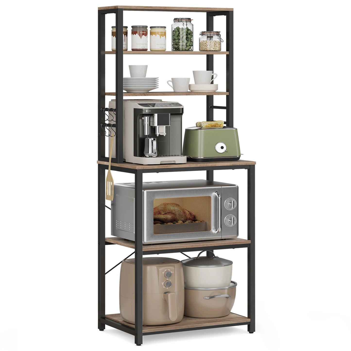 Coffee Bar, 6-Tier Kitchen Shelves with 6 Hooks