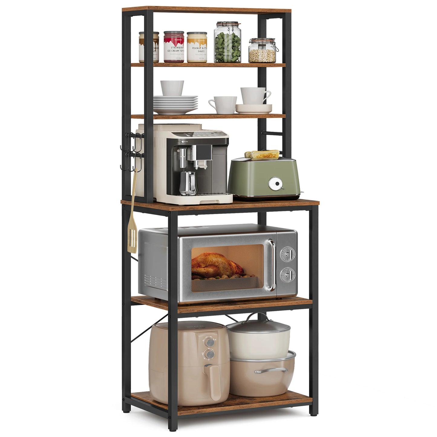 Coffee Bar, 6-Tier Kitchen Shelves with 6 Hooks